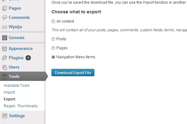 export import wordpress menu